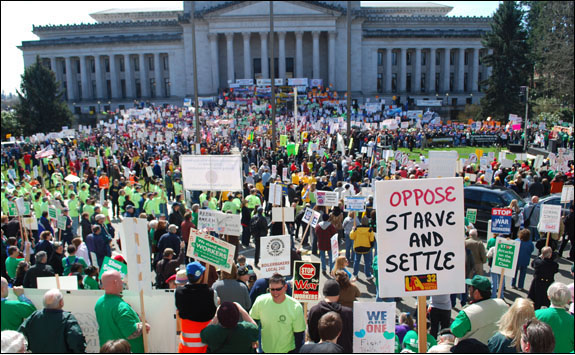 When 10,000 gathered at the Capitol at this April 8 rally, several speakers urged opposition to "starve and settle" -- also known as "compromise and release" lump-sum buyouts.