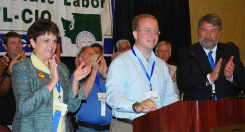 Sen. Nathan Schlicher gets a rousing ovation from convention delegates.