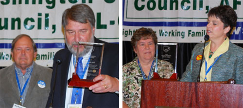 At left, WSLC President Jeff Johnson presents USW's Don Houtchens with his award. At right, WSLC Secretary-Treasurer Lynne Dodson presents the award to PCCLC's Patty Rose.