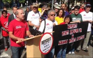 UNITE HERE Local 8 President Erik Van Rossum announces the boycott of two Hyatt hotels in Seattle on Aug. 27, 2013.