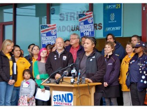 Grocery workers announce the results of their strike authorization vote on Sept. 26. (Photo courtesy of IAM 751.)