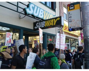 Picketers effectively shut down the Caitol Hill Subway store where fast-food workers' leader Carlos Hernandez was fired. (Click to see more pics.)