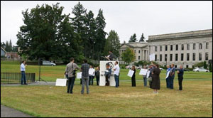 Freedom Foundation staffers "rally" last week in Olympia to make state employee contract negotiations public.