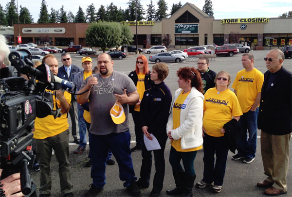 Terry O’Toole speaks to UFCW Local 367 supporters about how he learned of the bankruptcy on Facebook, “I called my store and talked to my co-worker, and he didn’t know what I was talking about”.